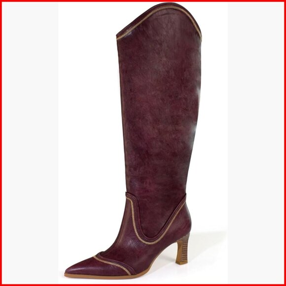 Women's Knee High Cowboy Boots Chunky Heel Pointed Toe Embroidered Western